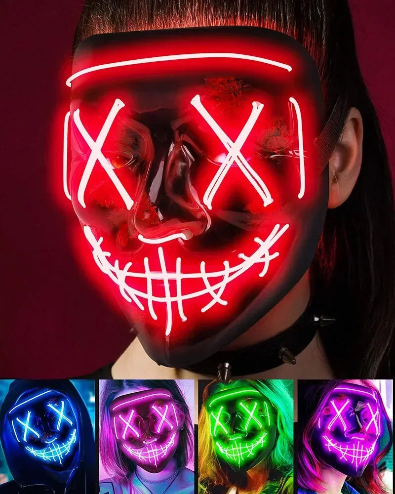Red led wireless bar music festival neon purification mask with glowing white neon x eyes and stitched smile for dark cosplay costume