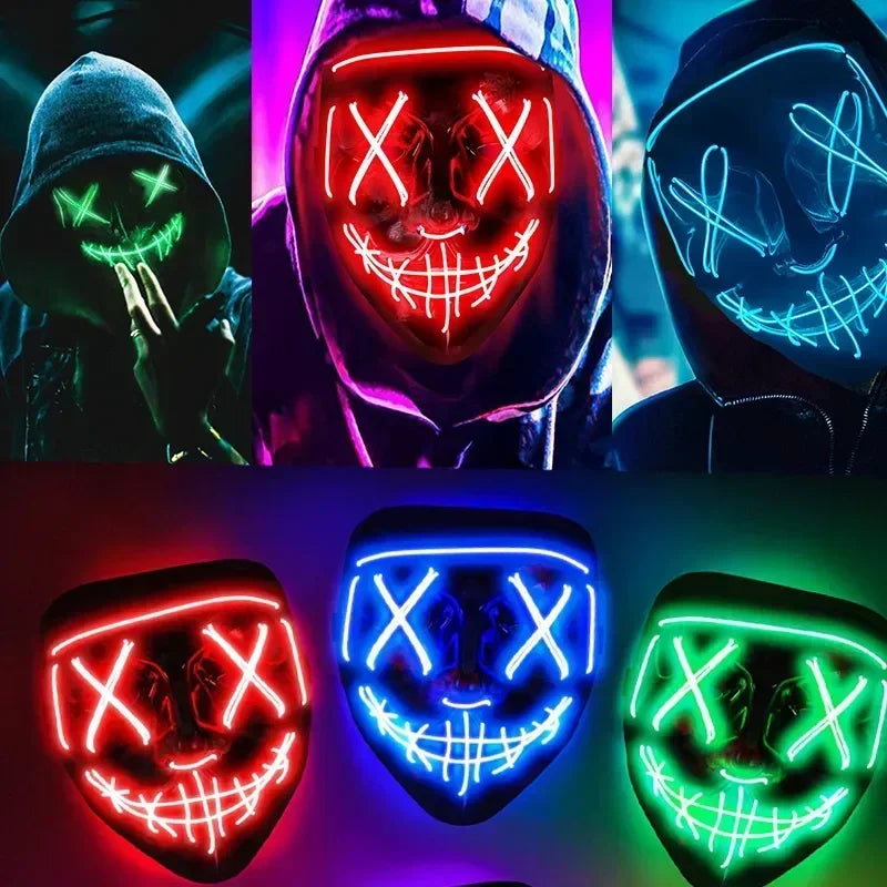 Neon led glow mask with x-shaped eyes and stitched mouth in red blue green for wireless bar music festival neon purification cosplay