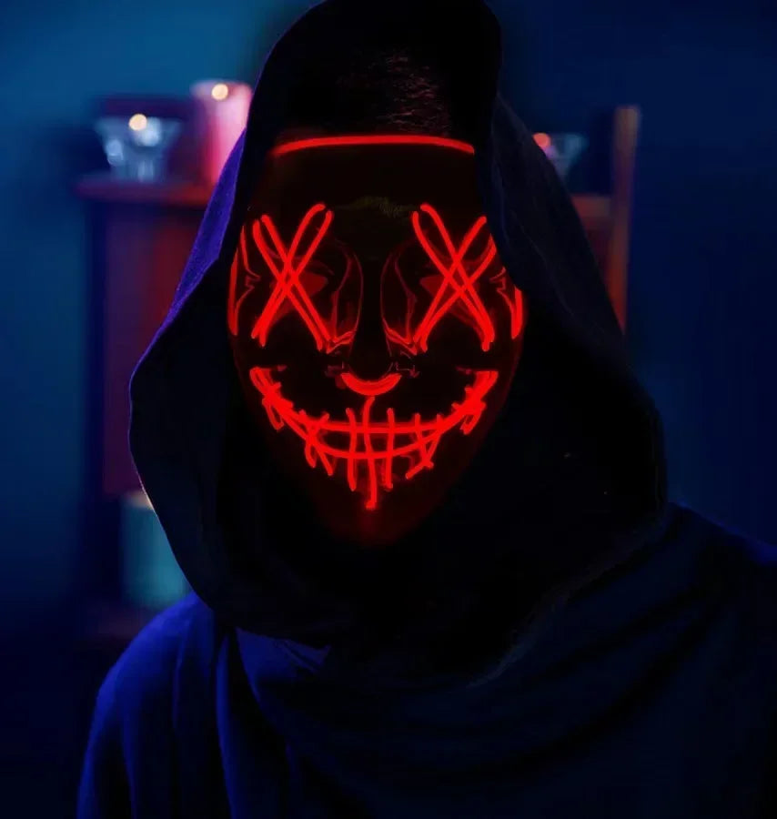 Red glowing led wireless bar music mask with x-shaped eyes and stitched mouth for festival neon purification cosplay