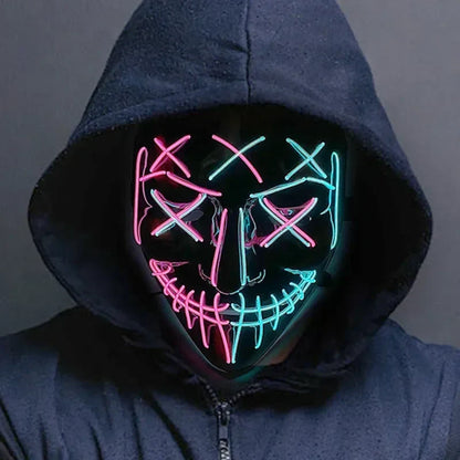 Glowing neon wireless bar music festival mask with pink and cyan led stitched eyes and mouth for dark cosplay costume