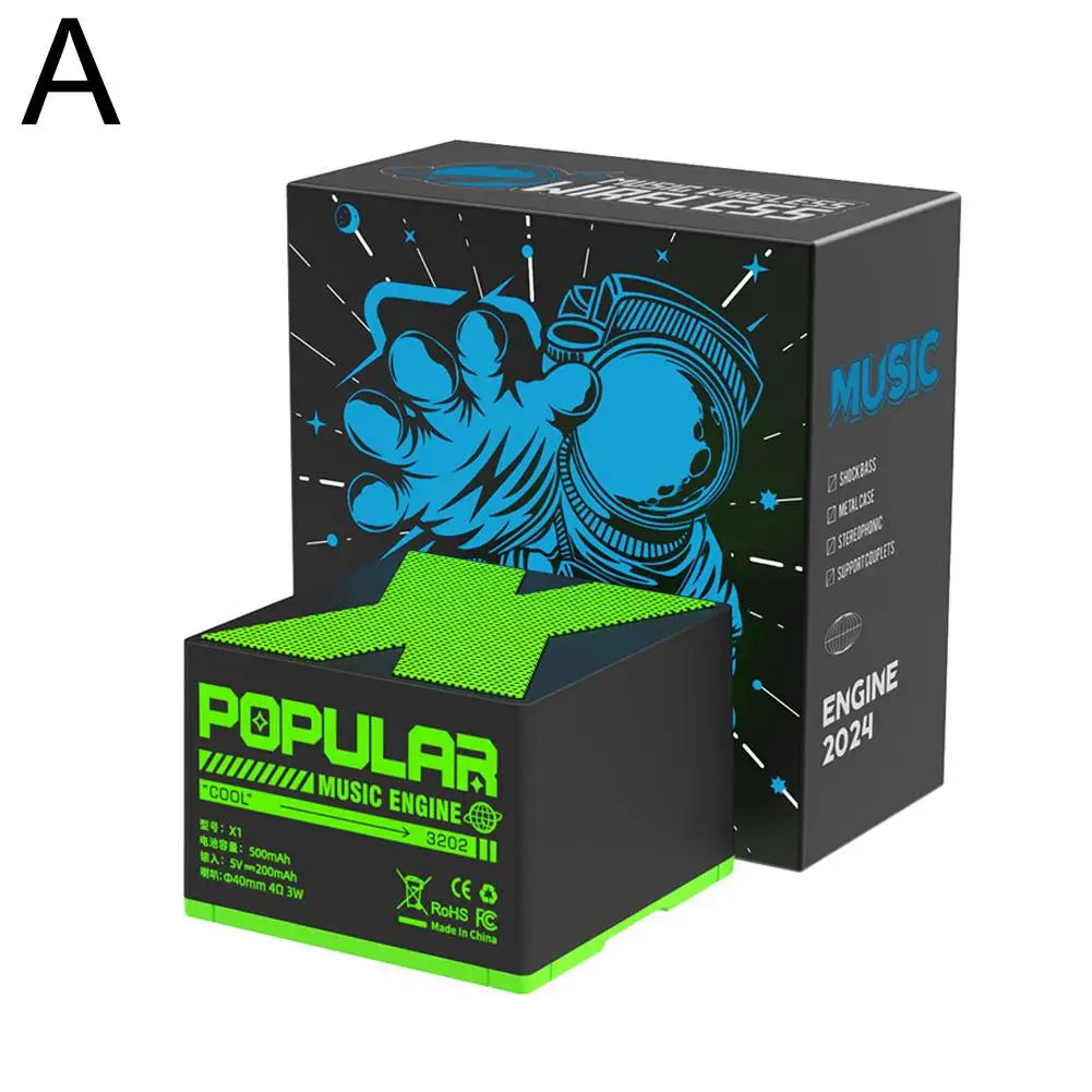 Neon green and black cube-shaped mini audio outdoor speaker with rechargeable hifi music and bass sound usb features
