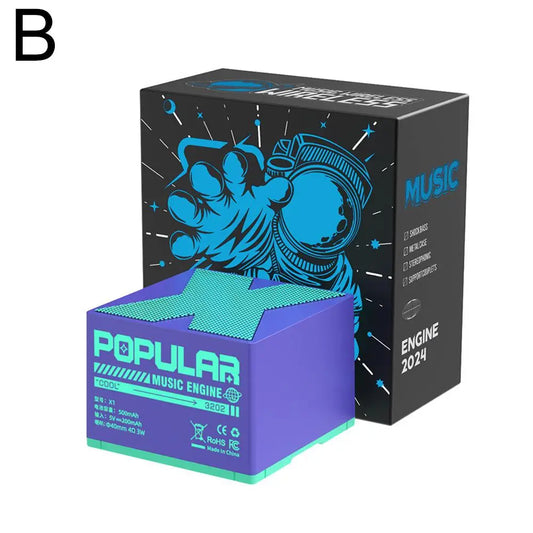 Purple and teal mini audio outdoor portable speaker with bass sound usb rechargeable hifi music and futuristic space design