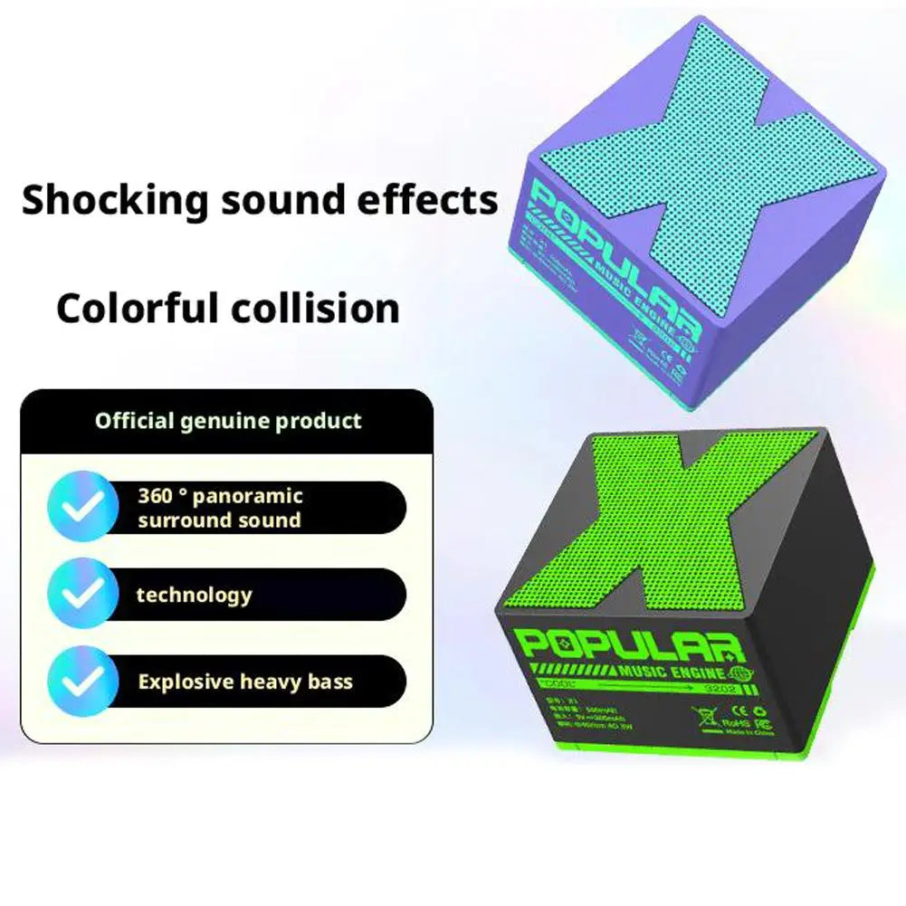 Purple and green cube-shaped wireless bluetooth 5.0 mini audio outdoor speakers with textured x design and bass sound usb rechargeable hifi music player