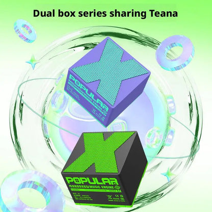 Purple and green dual-tone cube-shaped mini audio outdoor bluetooth speaker with textured x design and rechargeable hifi bass sound usb
