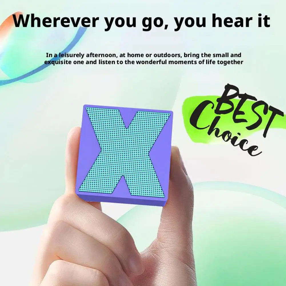 Purple and teal square-shaped mini audio outdoor portable speaker with perforated grille rechargeable hifi music bass sound usb