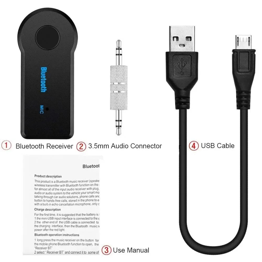 Black wireless bluetooth 5.0 receiver with blue lettering and circular button aux adapter a2dp for music audio aux