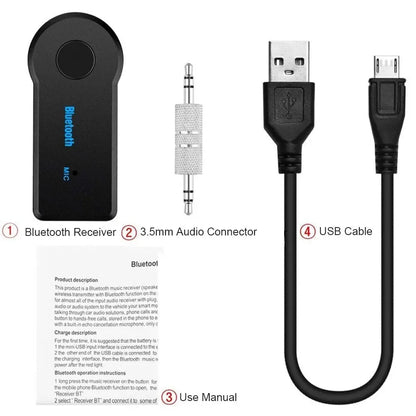Black wireless bluetooth 5.0 receiver with blue lettering and circular button aux adapter a2dp for music audio aux