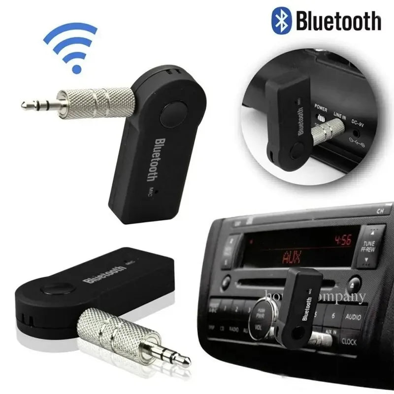 Black bluetooth 5.0 aux adapter a2dp with silver 3.5mm jack and textured grip for music audio aux and headphone converter handsfree