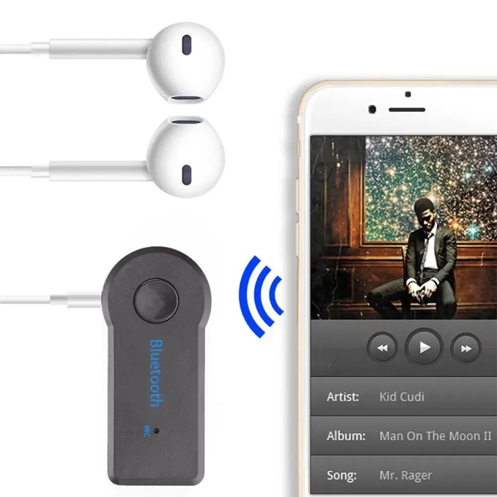 Black wireless bluetooth 5.0 receiver with circular button and blue bluetooth text aux adapter a2dp for music audio aux