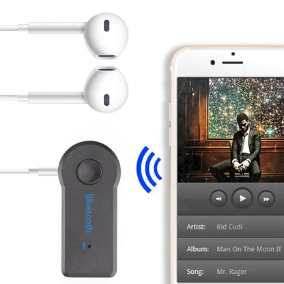 Black wireless bluetooth 5.0 receiver with circular button and blue bluetooth text aux adapter a2dp for music audio aux