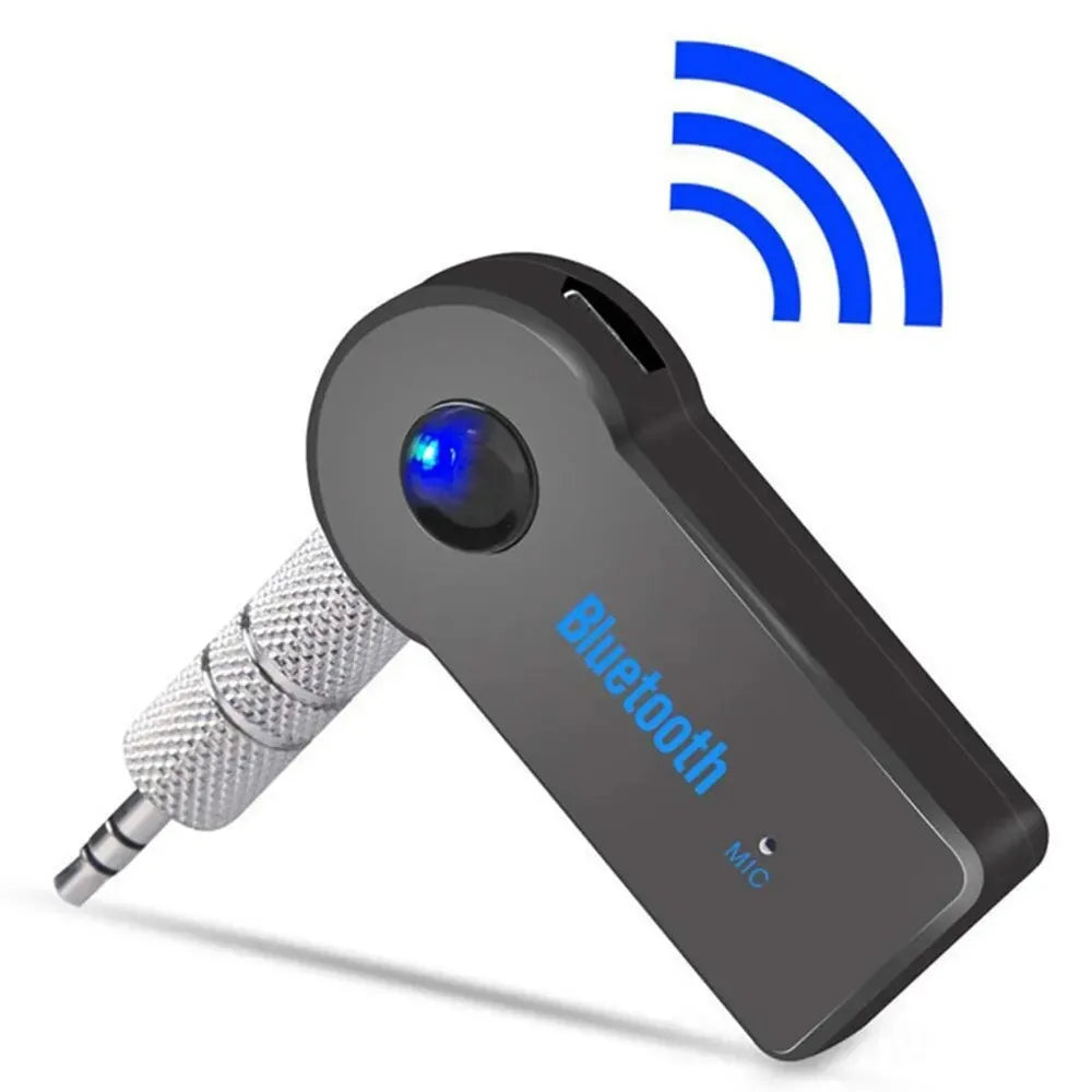 Black wireless bluetooth 5.0 receiver with silver 3.5mm jack and blue led for music audio aux and aux adapter a2dp use