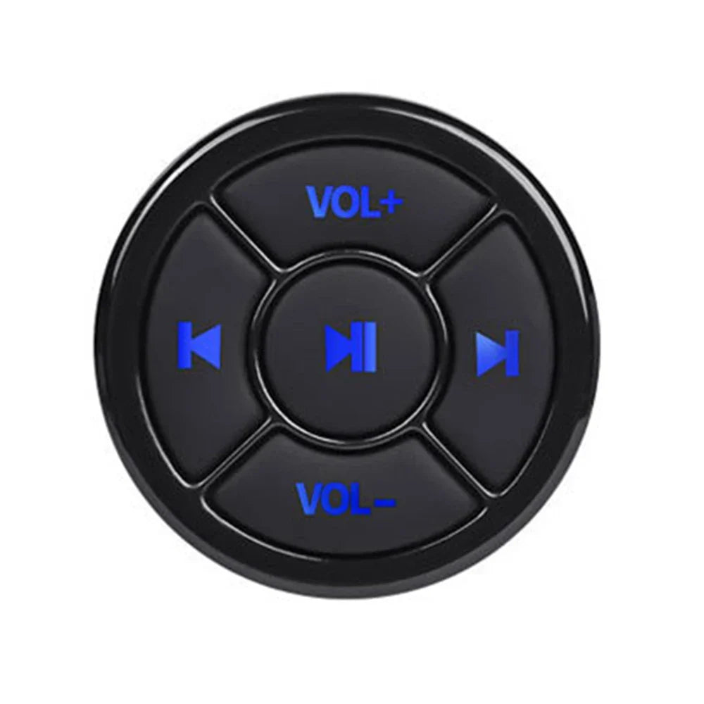 Black circular remote controller media button car motorcycle with blue illuminated steering wheel music controls