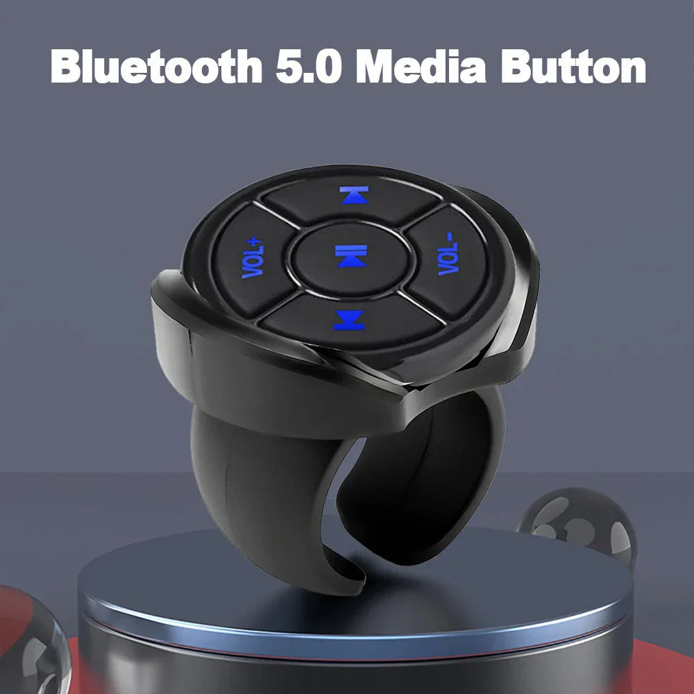 Black bluetooth 5.0 remote controller media button with blue illuminated controls for steering wheel music car motorcycle use