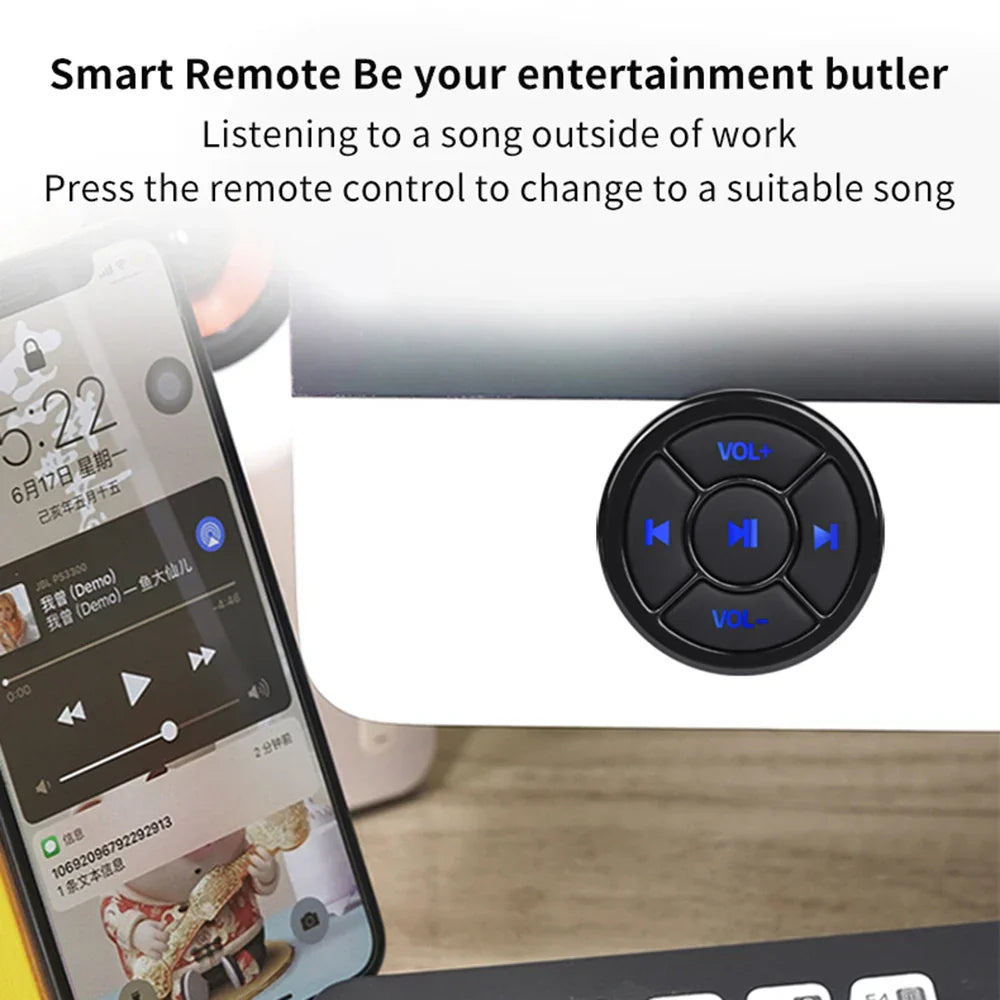 Black circular wireless bluetooth 5.0 remote controller media with blue illuminated button car motorcycle steering wheel music
