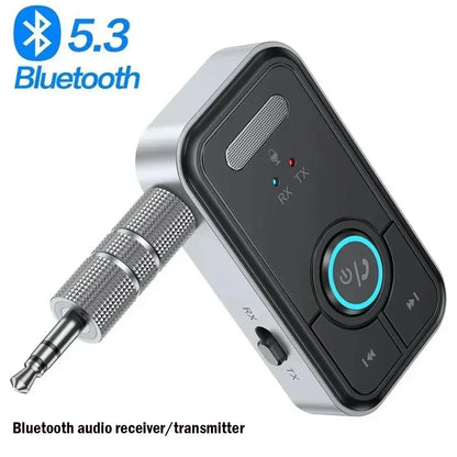 Silver and black wireless bluetooth 5.3 adapter transmitter receiver with textured metallic 3.5mm jack for music headphone car use