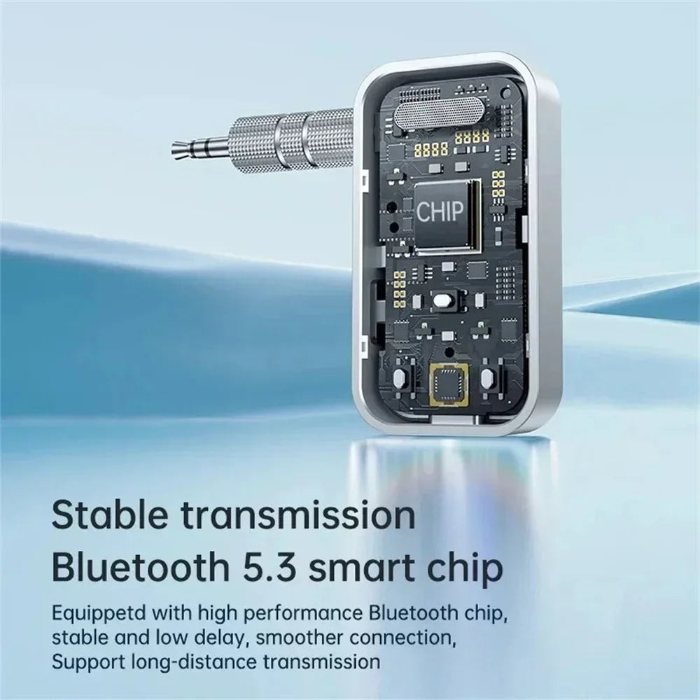 Silver wireless bluetooth 5.3 adapter transmitter receiver with exposed circuit board and metallic 3.5mm jack for car speaker aux and music headphone car use