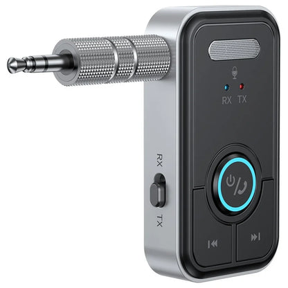 Silver and black wireless bluetooth 5.3 adapter transmitter receiver with textured 3.5mm jack and illuminated controls for music headphone car use