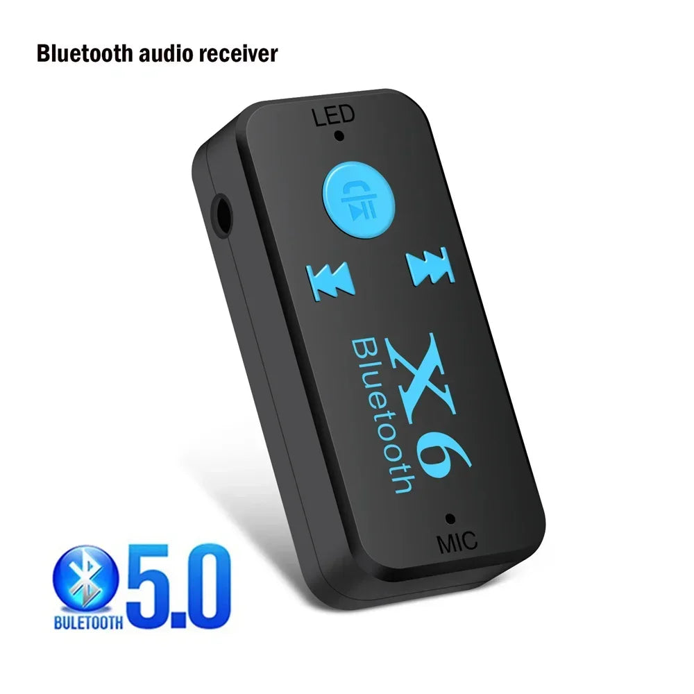 Black wireless bluetooth 5.3 adapter transmitter receiver with blue illuminated buttons for music headphone car aux use