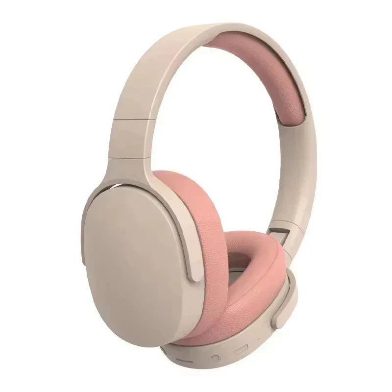 Beige and pink over-ear wireless bluetooth 5.3 headphones with soft leatherette earcups ear hifi stereo headsets earphones tf aux