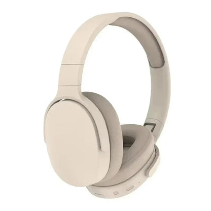 Beige over-ear wireless bluetooth 5.3 headphones with soft padded earcups and hifi stereo headsets for true sports use