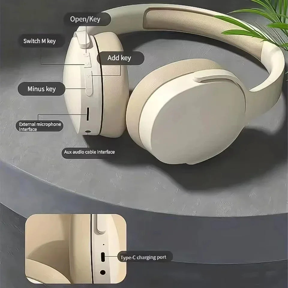 Cream-colored wireless bluetooth 5.3 ear hifi stereo headphones with soft-touch earcups and earphones tf aux support