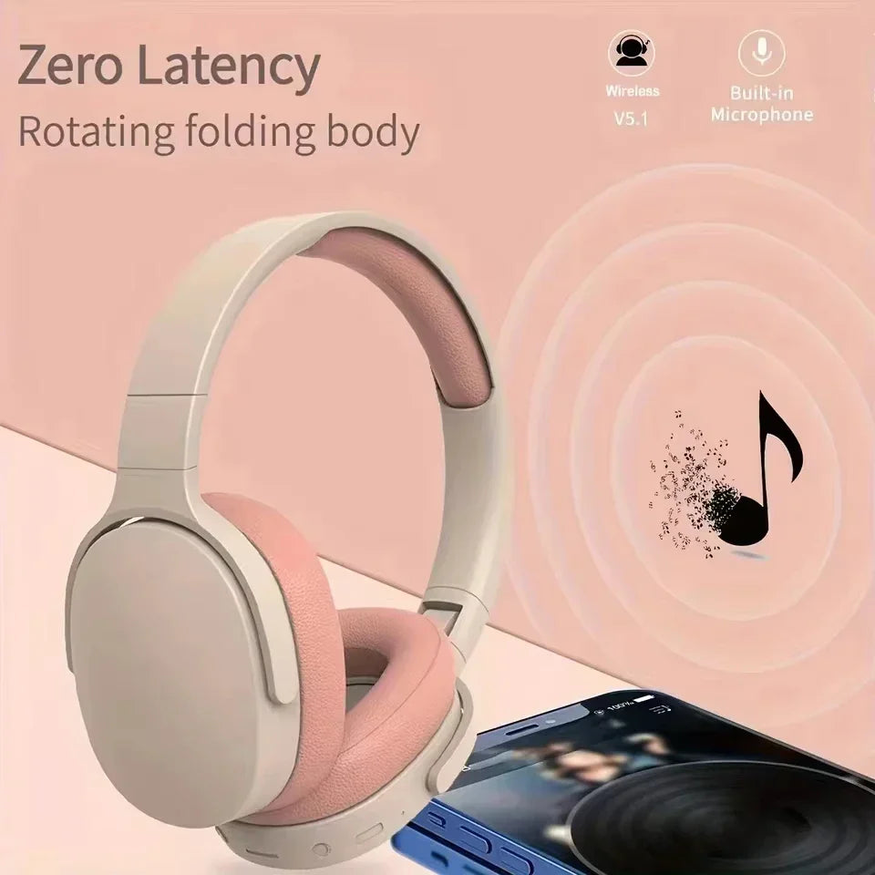 Pastel pink and cream wireless bluetooth 5.3 ear hifi stereo headsets with rotating folding body design and mic