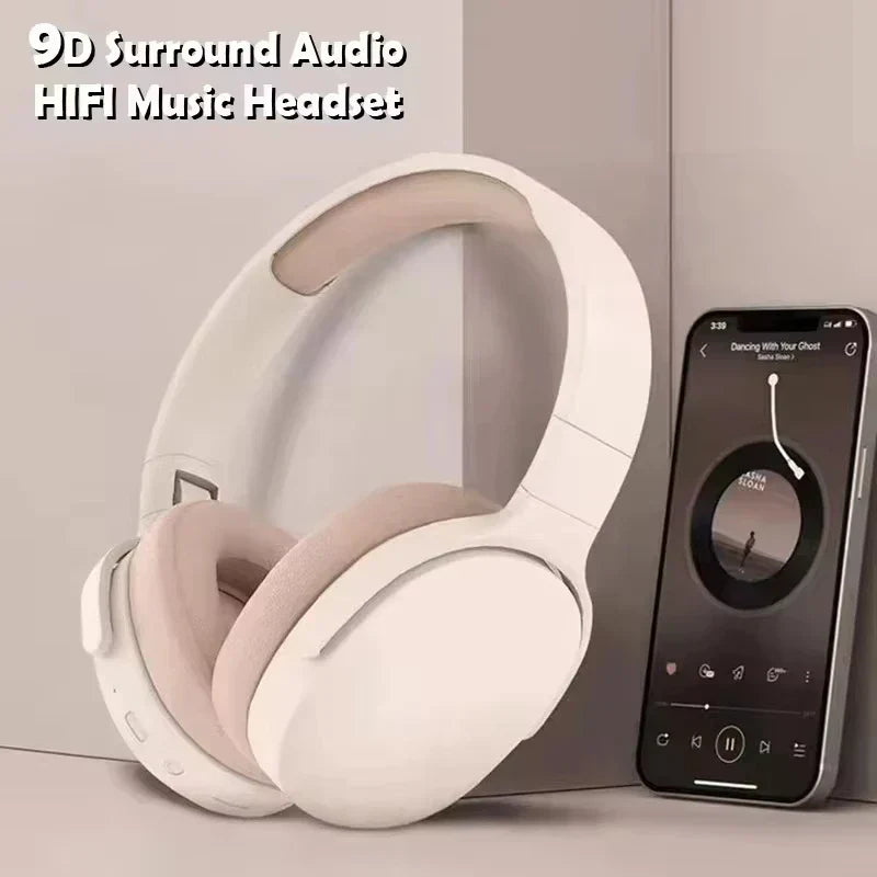 White over-ear wireless bluetooth 5.3 headphones with soft beige cushions hifi stereo headsets earphones tf aux