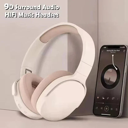 White over-ear wireless bluetooth 5.3 headphones with soft beige cushions hifi stereo headsets earphones tf aux