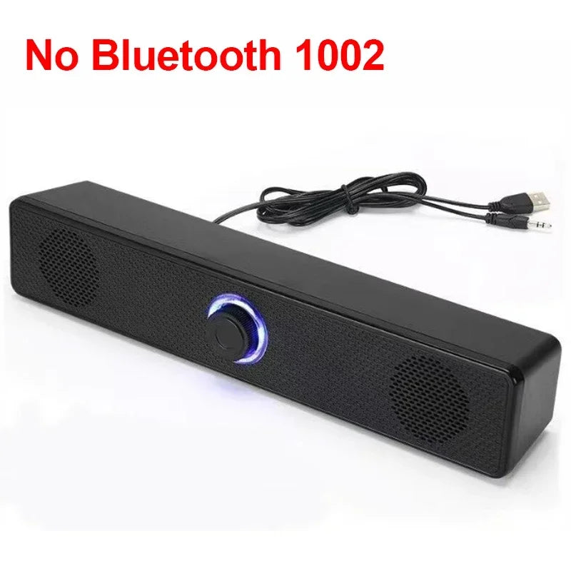 Black rectangular usb powered soundbar with glowing blue knob and wired connectivity for gaming home theater surround audio