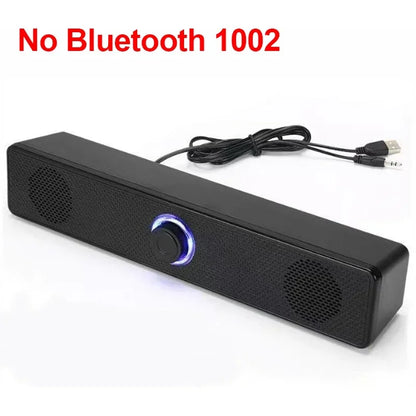 Black rectangular usb powered soundbar with glowing blue knob and wired connectivity for gaming home theater surround audio