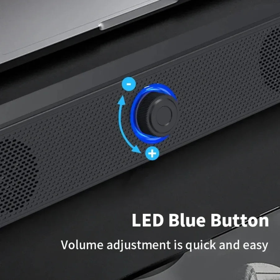 Black usb powered soundbar with circular blue led volume button for gaming home theater surround audio system