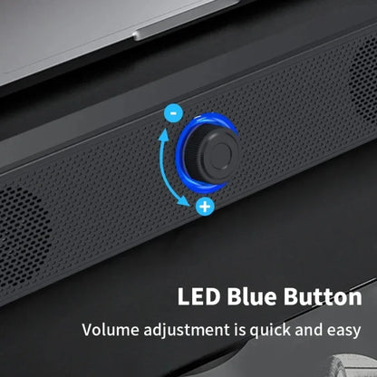 Black usb powered soundbar with circular blue led volume button for gaming home theater surround audio system