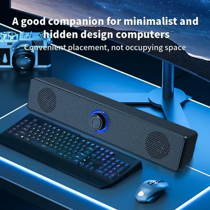 Black usb powered soundbar with blue illuminated knob and perforated grille for gaming home theater surround audio system