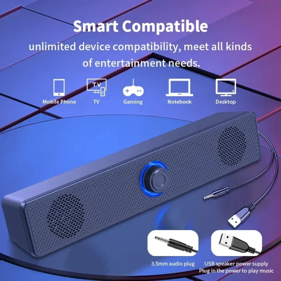 Black rectangular usb powered soundbar with blue illuminated knob and perforated grille for gaming home theater audio system