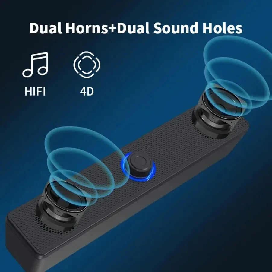 Black usb powered soundbar with dual horns and glowing blue button for gaming home theater surround audio system