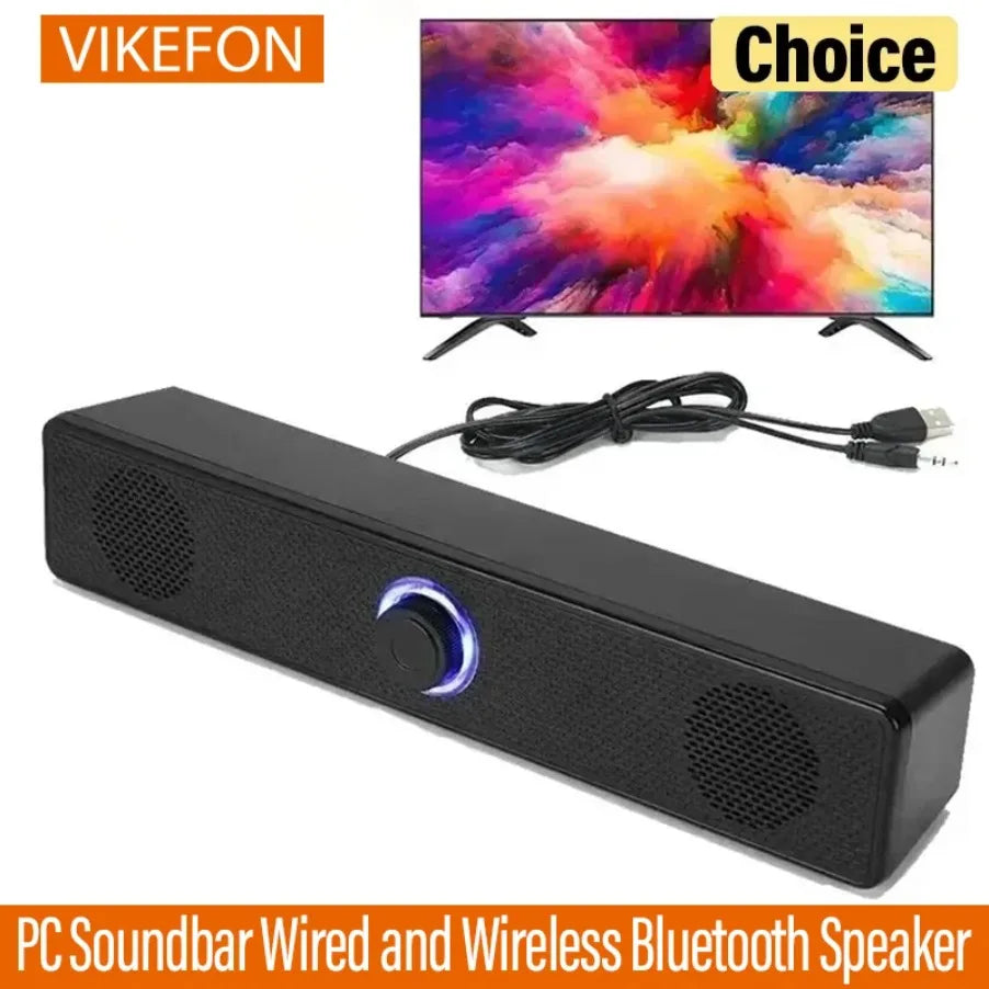 Black vikefon usb powered soundbar with textured speaker grilles and glowing blue button for gaming home theater surround audio