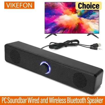 Black vikefon usb powered soundbar with textured speaker grilles and glowing blue button for gaming home theater surround audio