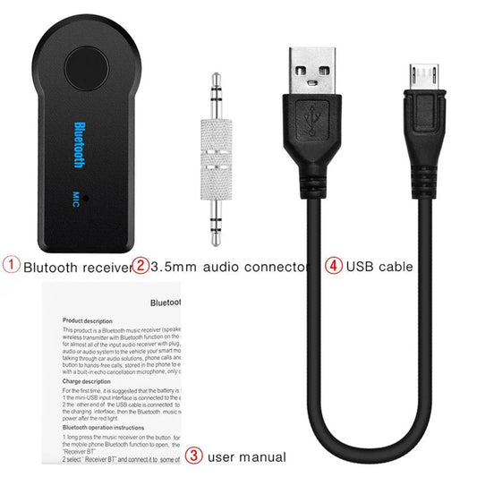 Black wireless bluetooth-compatible 5.0 aux a2dp headphone receiver adapter with 3.5mm jack usb cable and user manual for car music audio