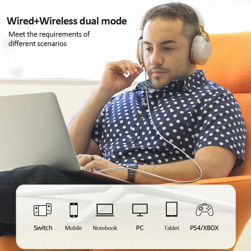 Beige over-ear wireless bluetooth-compatible headset eearphone with gold accents for hifi stereo bt5 music and calls