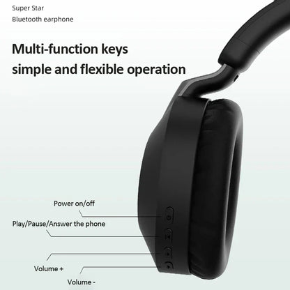 Black wireless bluetooth-compatible headset eearphone with padded headband and multifunction buttons for hifi stereo bt5 use