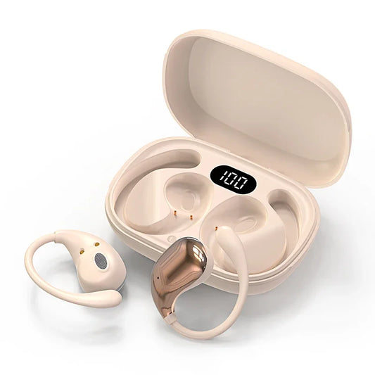Cream-colored wireless bluetooth earphone with rose gold touch control earbuds and charging bin display showing 100% battery