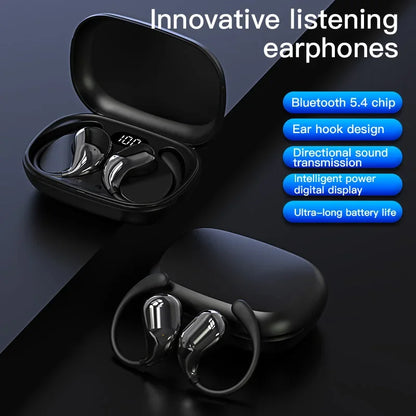 Black wireless bluetooth earphone with sleek metallic finish ergonomic hook design and charging bin display touch control earbuds