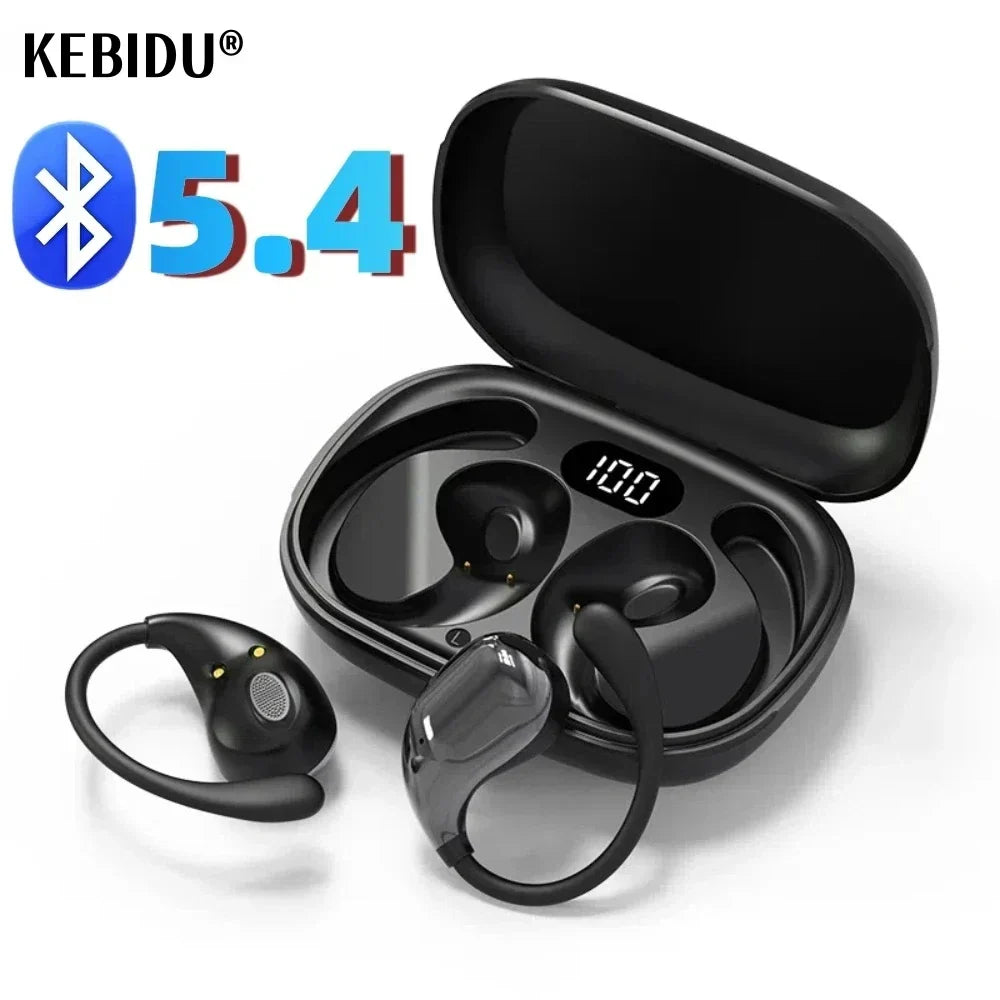 Black kebidu wireless bluetooth earphone with hook design touch control earbuds and charging bin display at 100% battery