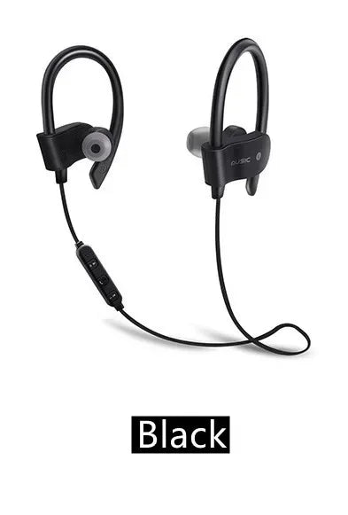Black wireless bluetooth earphones with ergonomic in-ear sports earphones design and flexible ear hook for secure fit