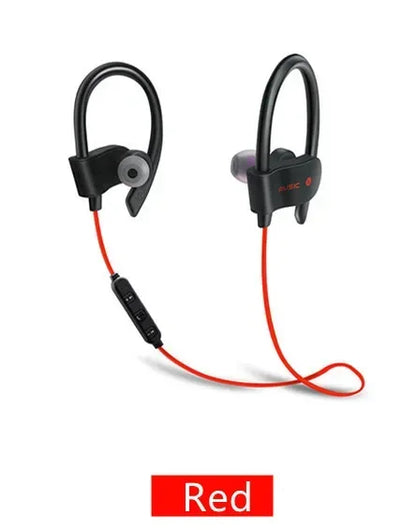 Black and red wireless bluetooth earphones with adjustable hook for secure fit designed as sports earphones and music earplugs in-ear