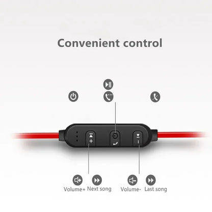Black wireless bluetooth earphones control module with red cable and tactile buttons for sports earphones and music earplugs in-ear
