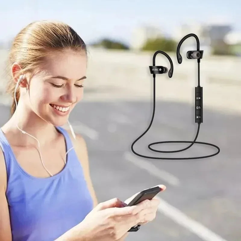 Black wireless bluetooth earphones with curved hooks and wire-controlled call module designed as sports earphones and music earplugs in-ear