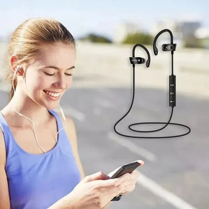 Black wireless bluetooth earphones with curved hooks and wire-controlled call module for sports and music earplugs in-ear use