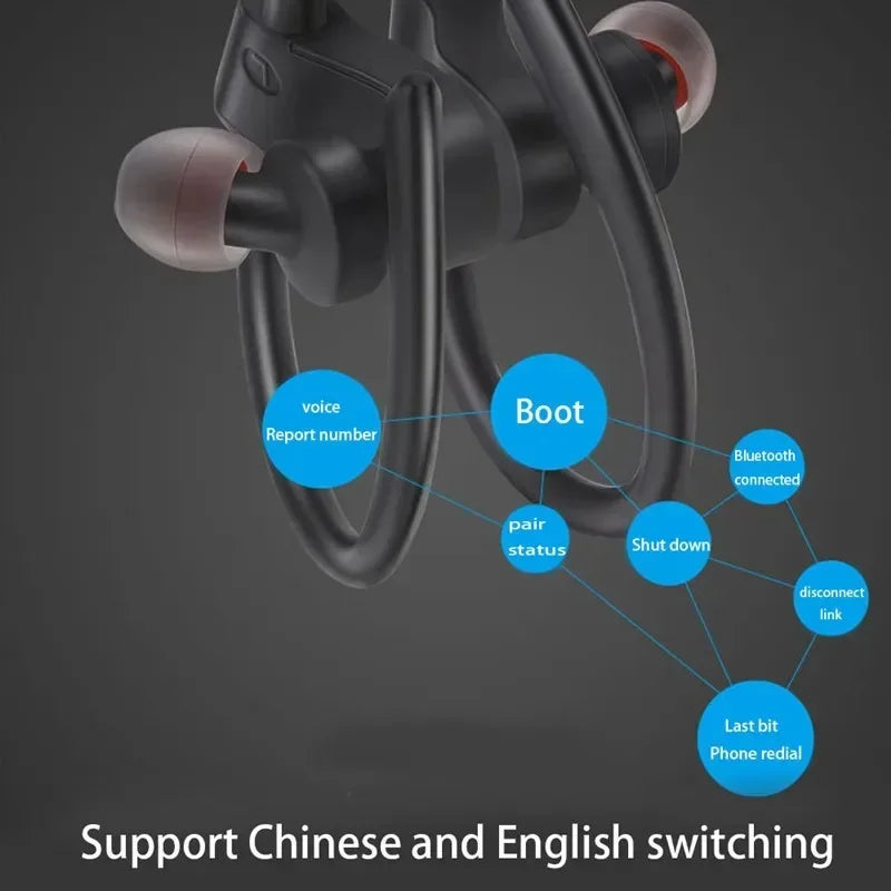 Black wireless bluetooth earphones with translucent red silicone tips featuring ergonomic design for sports and music use