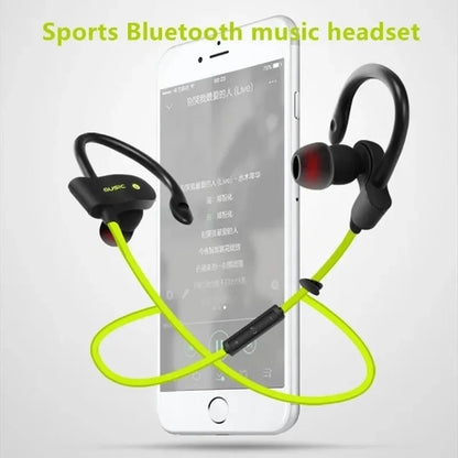 Black and neon green wireless bluetooth earphones with ear hooks and silicone tips designed as sports earphones in-ear music earplugs